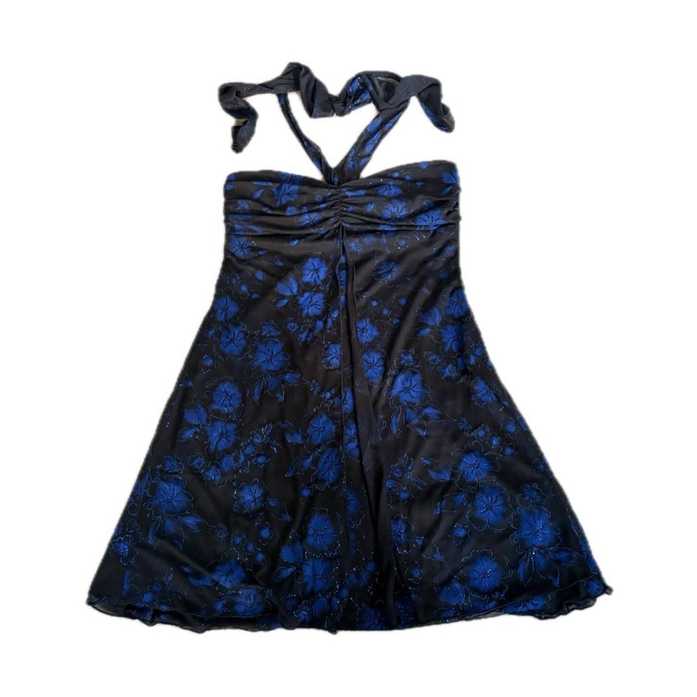 Black Halter Mini Dress with Blue Floral Jacquard